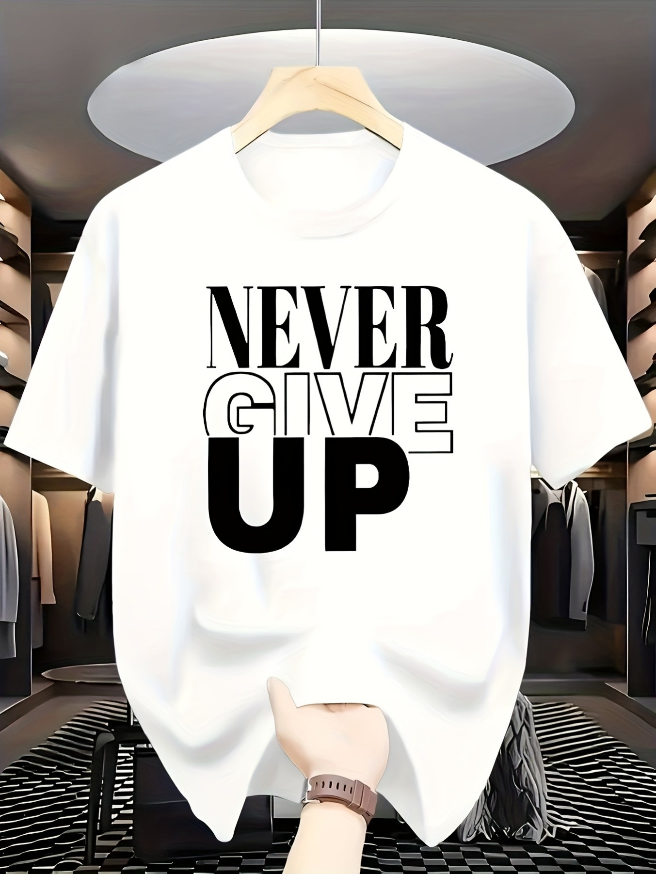 Men's Graphic T-Shirt Never Give Up Bold Inspirational Typography Letters White Shirt
