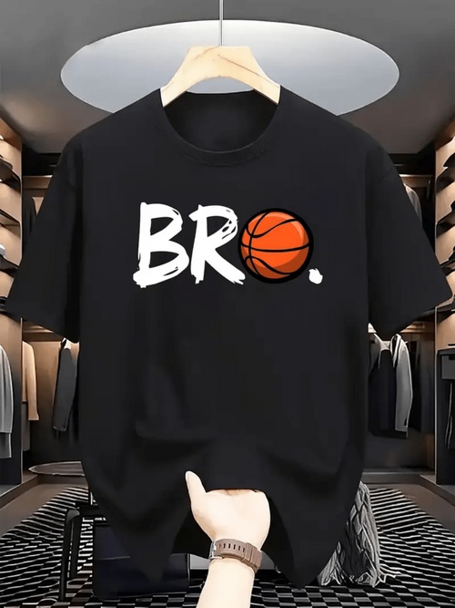 Men's Graphic T-Shirt Bro Graffiti Style Writing With Basketball Illustration On Black T Shirt