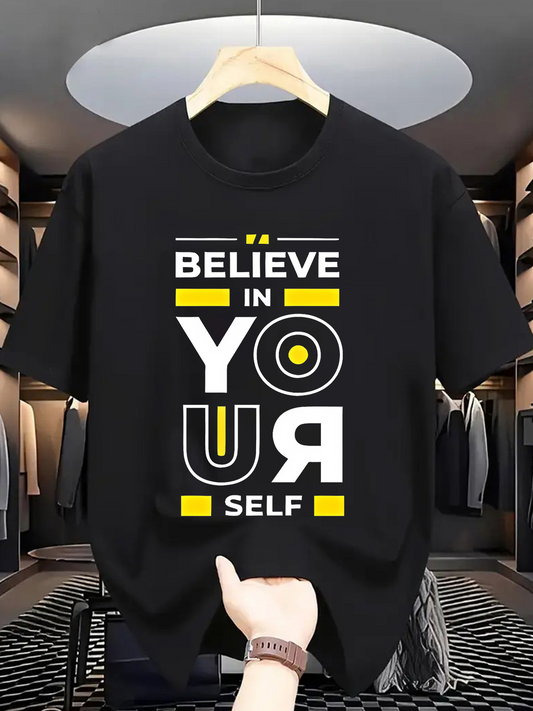 Men's Graphic T-Shirt Believe In Yourself Minimalist Bold Lettering With Yellow Geometric Accents T Shirt
