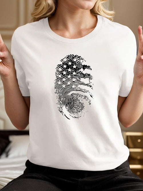 Women's Graphic T-Shirt American Flag Pattern Integrated In Fingerprint Design