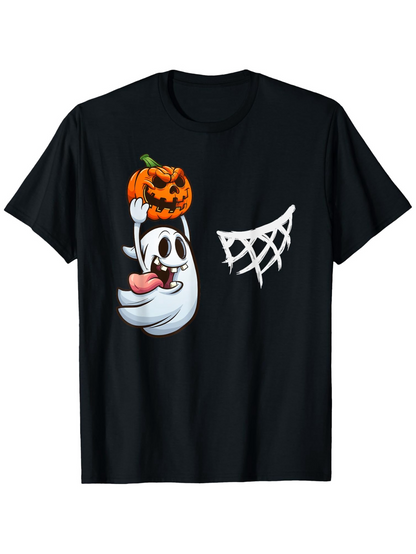 Men's Graphic T-Shirt Playful Cartoon Ghost With Jackolantern Next To White Spiderweb Design