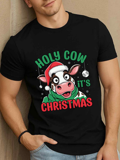 Men's Graphic T-Shirt Holy Cow With Christmas Hat Green Scarf Festive Snowflake Decorations Cow