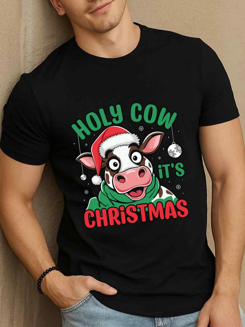 Men's Graphic T-Shirt Holy Cow With Christmas Hat Green Scarf Festive Snowflake Decorations Cow