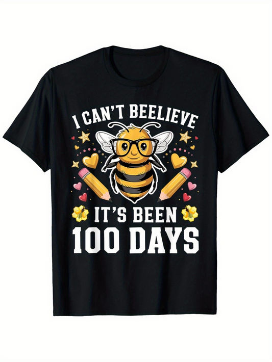Men's Graphic T-Shirt I Cant Beelieve Its Been One Hundred Days Surrounded By Hearts Stars Playful Bee