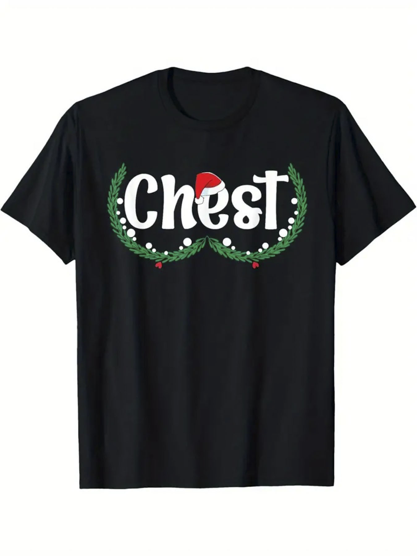 Men's Graphic T-Shirt Chest Christmas Wreaths With Santa Hat Accents Black T Shirt