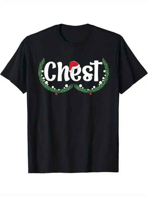 Men's Graphic T-Shirt Chest Christmas Wreaths With Santa Hat Accents Black T Shirt