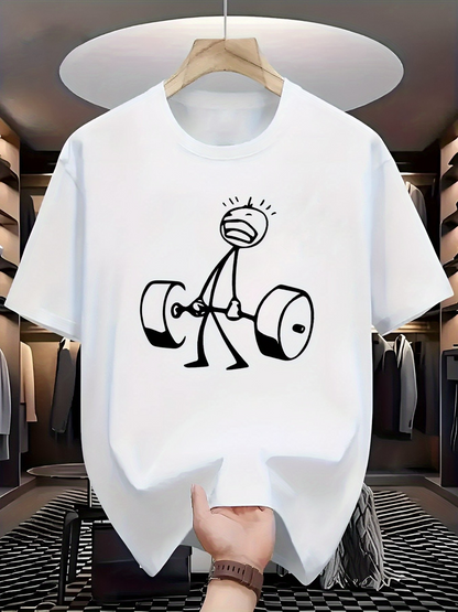 Men's Graphic T-Shirt Funny Cartoon Figure Lifting Heavy Barbell In Dynamic Motion
