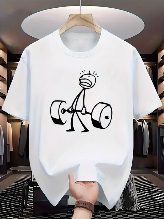Men's Graphic T-Shirt Funny Cartoon Figure Lifting Heavy Barbell In Dynamic Motion