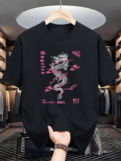 Men's Graphic T-Shirt Asia Style Dragon Roaring With Pink Thunderbolt Clouds Black Dragon