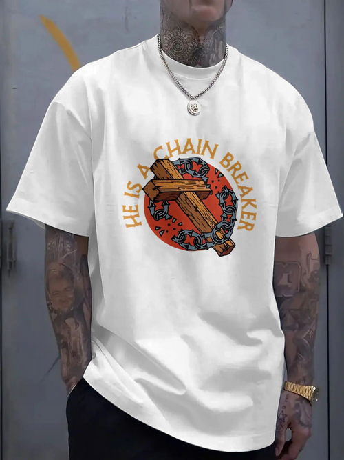 Men's Graphic T-Shirt He Is A Chain Breaker Cross Surrounded By Broken Chains And Dark Floral Motif