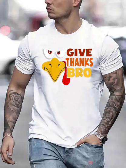 Men's Graphic T-Shirt Give Thanks Bro Cartoon Turkey Graphic With Playful Lettering White Shirt