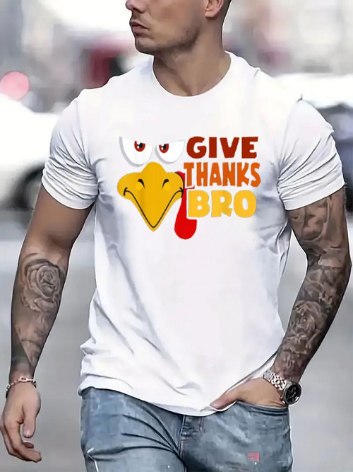 Men's Graphic T-Shirt Give Thanks Bro Cartoon Turkey Graphic With Playful Lettering White Shirt