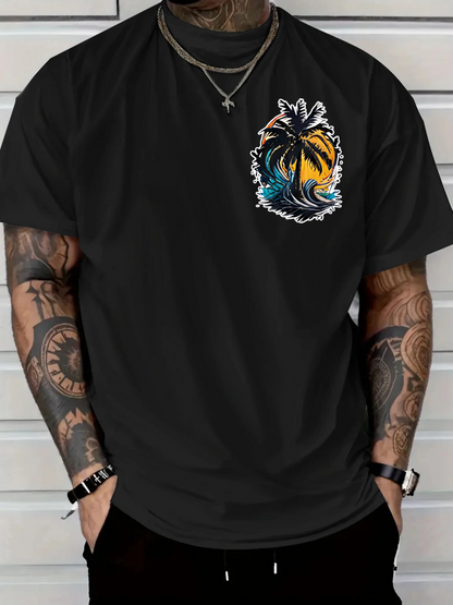 Men's Graphic T-Shirt Vibrant Sunset With Palm Trees Through Rolling Surf Waves
