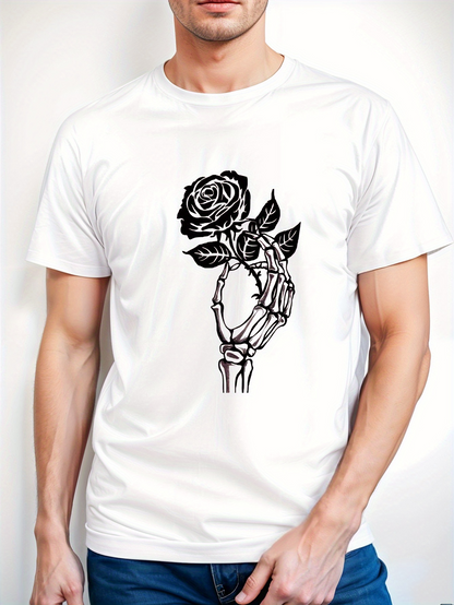 Men's Graphic T-Shirt Elegant Skeleton Hand Holding A Detailed Blooming Rose