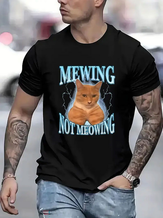 Men's Graphic T-Shirt Mewing Not Meowing Orange Cat With Blue Lightning Under Bold Lettering Cat