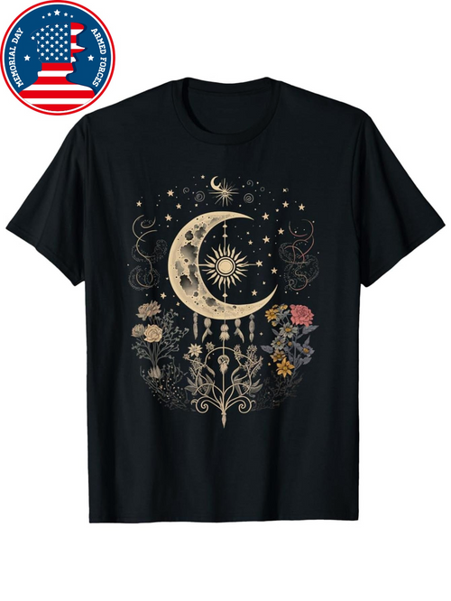 Men's Graphic T-Shirt Botanical Garden With Glowing Crescent Moon Surrounded By Stars And Flowers
