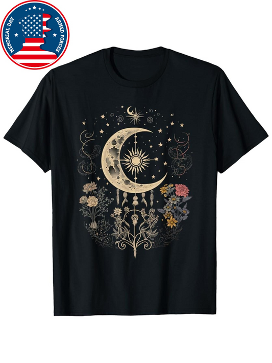Men's Graphic T-Shirt Botanical Garden With Glowing Crescent Moon Surrounded By Stars And Flowers