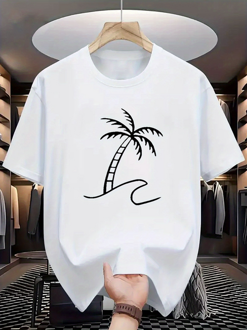 Men's Graphic T-Shirt Minimalist Tropical Summer Beach With Leaning Palm Tree