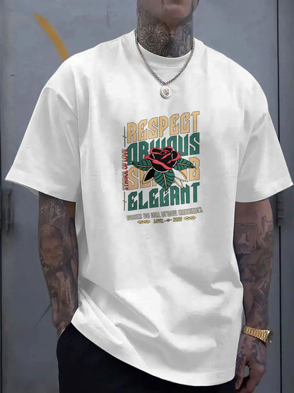 Men's Graphic T-Shirt Elegant Rose Surrounded By Artistic Lettering On White Fabric Tshirt