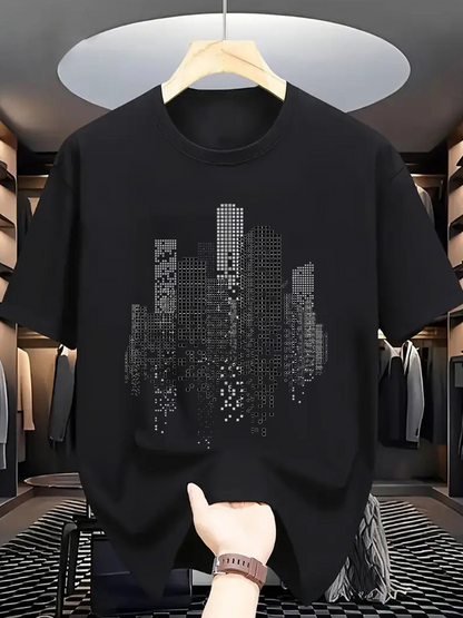 Men's Graphic T-Shirt Modern Nightscape With Geometric Dots Pattern Depicting Urban City Skyline