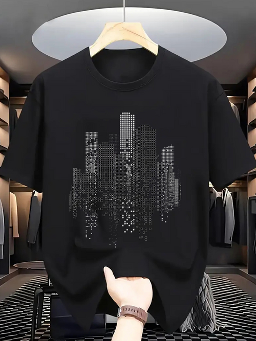 Men's Graphic T-Shirt Modern Nightscape With Geometric Dots Pattern Depicting Urban City Skyline