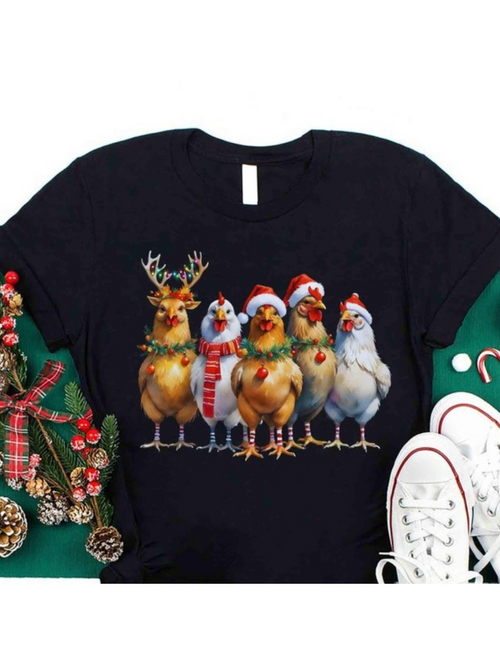 Men's Graphic T-Shirt Holiday Chickens Standing Together In Festive Costumes Under Winter Lights Chicken
