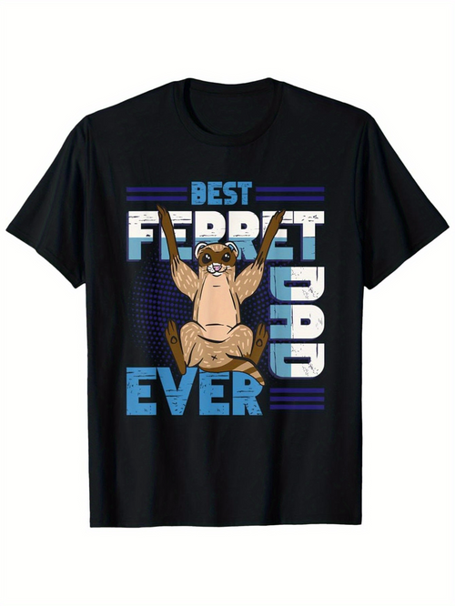 Men's Graphic T-Shirt Best Ferret Dad Ever Cartoon With Playful Sitting Ferret Surrounded By Blue Stripes Ferret
