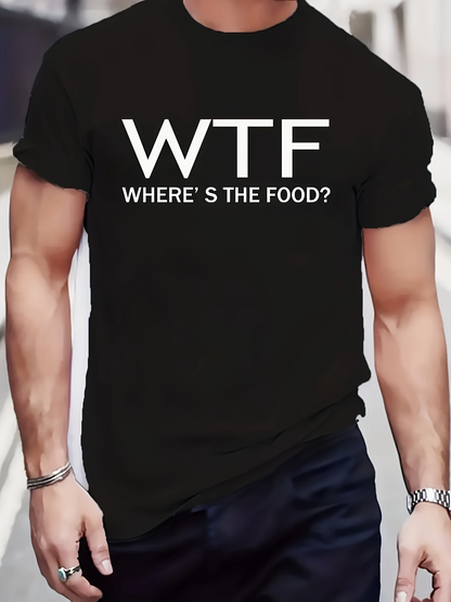 Men's Graphic T-Shirt WTF Wheres The Food Bold Statement On Black Shirt