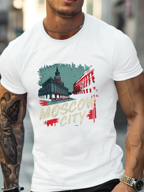 Men's Graphic T-Shirt Moscow City With Abstract Painted Architectural Skyline Elements