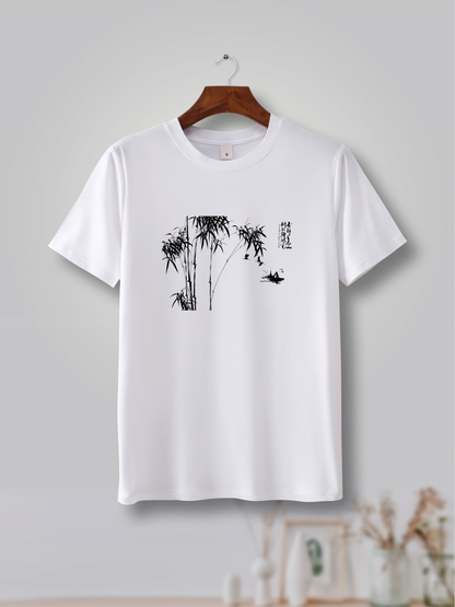 Men's Graphic T-Shirt Minimal Ink Landscape With Graceful Bamboo Beside Calm Water Bamboo