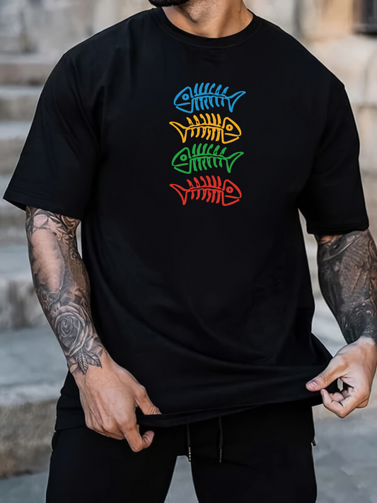 Men's Graphic T-Shirt Colorful Skeleton Fish Stacked In Vertical Row On Black Shirt