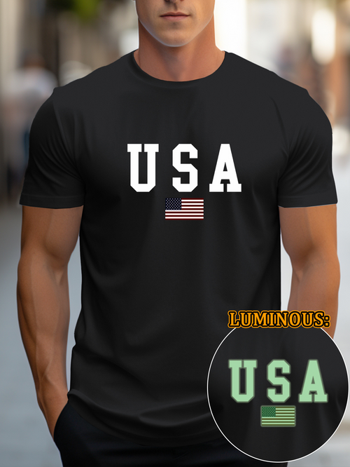Men's Graphic T-Shirt USA Bold Text With American Flag Centered Lettering