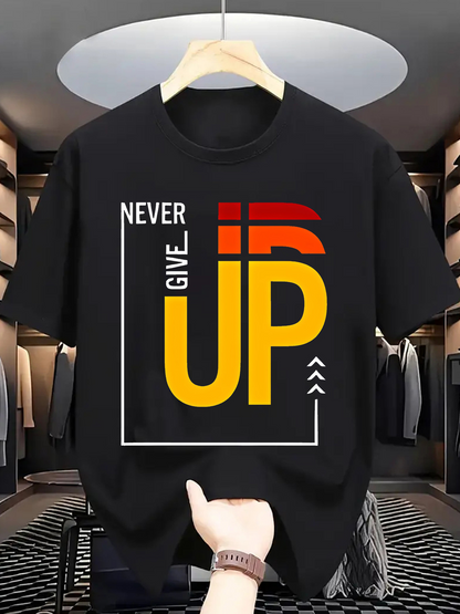 Men's Graphic T-Shirt Never Give Up Sunset Gradient Typography With Framed Motivational Quote Graphic