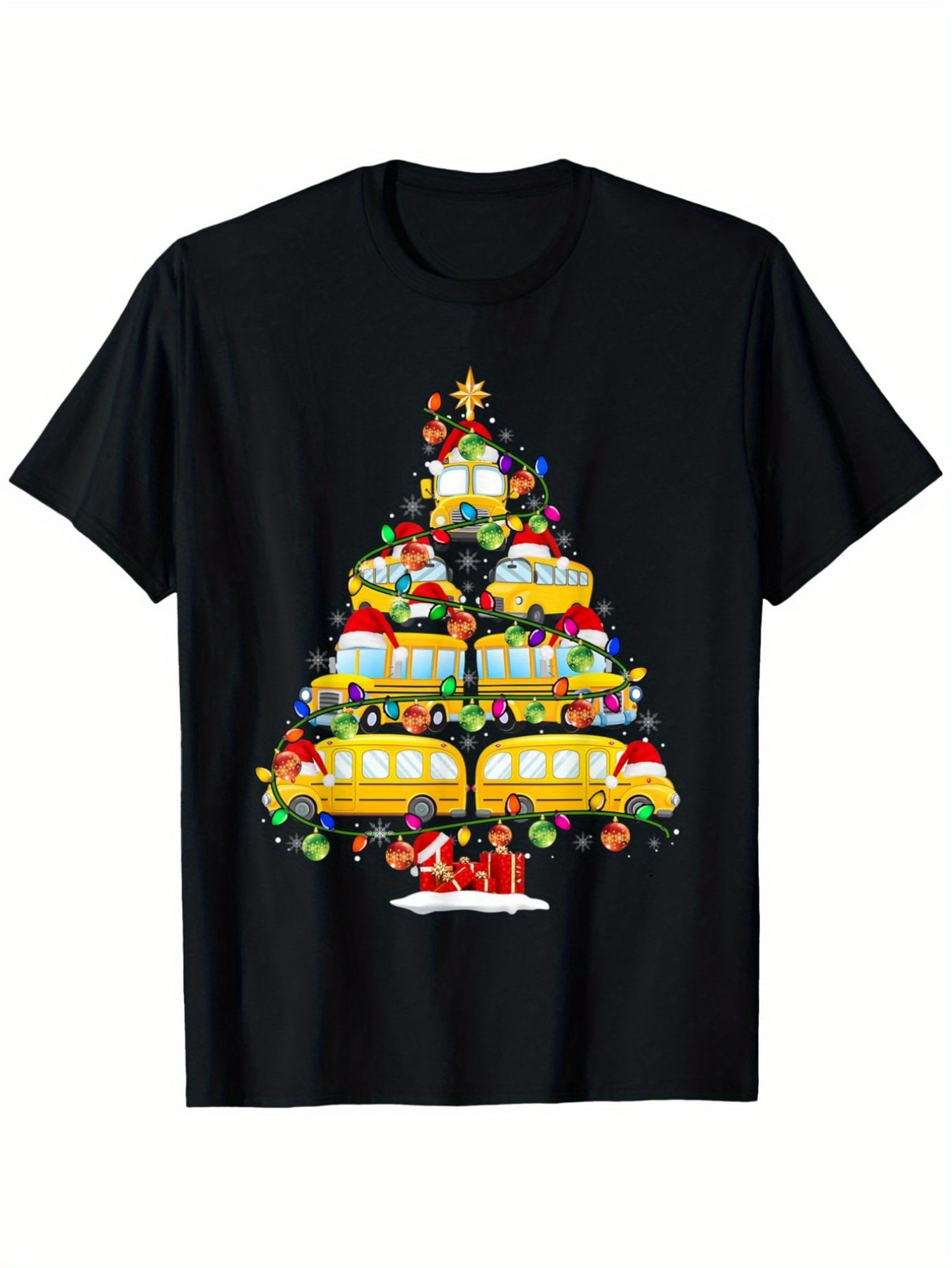 Men's Graphic T-Shirt School Buses And Gifts Arranged Like Christmas Festive Tree