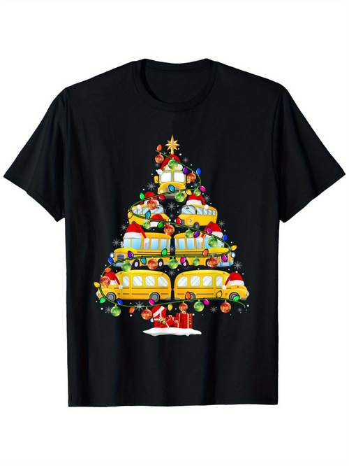 Men's Graphic T-Shirt School Buses And Gifts Arranged Like Christmas Festive Tree