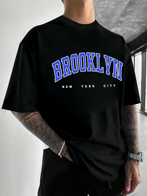 Men's Graphic T-Shirt Brooklyn Blue Letters With Modern Minimalist City Street T Shirt