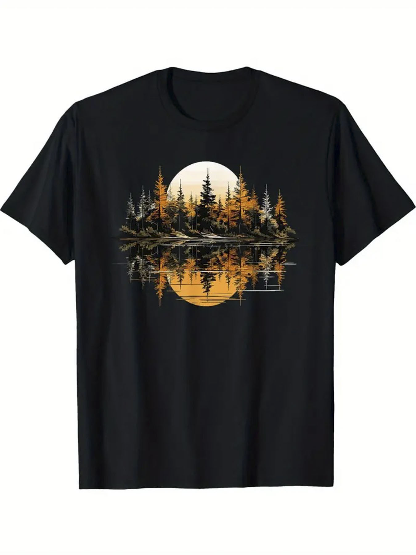 Men's Graphic T-Shirt Golden Sunset Reflected Forest Silhouette Over Calm Water Lake