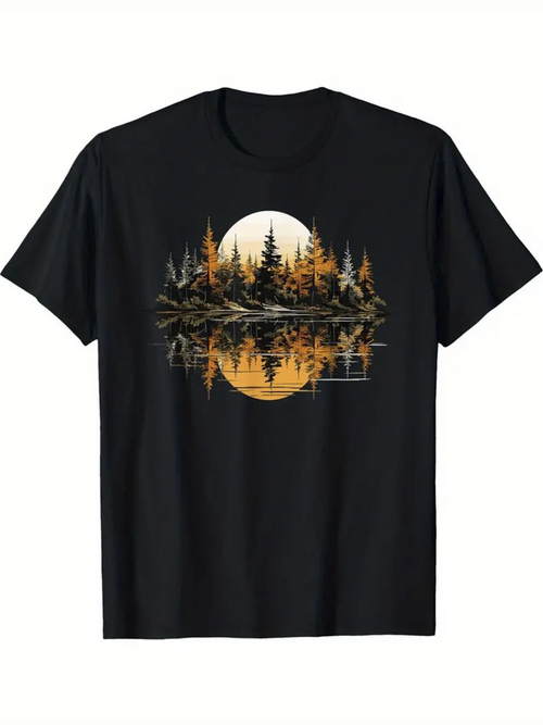 Men's Graphic T-Shirt Golden Sunset Reflected Forest Silhouette Over Calm Water Lake