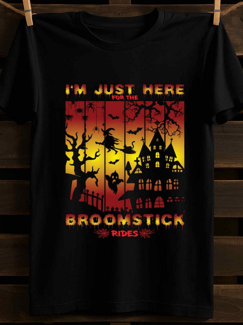 Men's Graphic T-Shirt Im Just Here For The Broomstick Rides Haunted Castle With Bats And Full Moon Witch