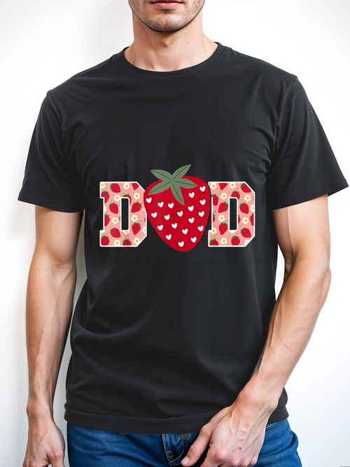 Men's Graphic T-Shirt Heart Patterned Letters With Centered Strawberry And Playful Dad Design