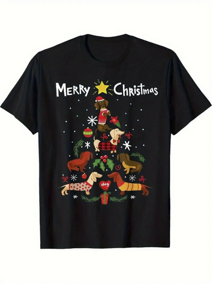 Men's Graphic T-Shirt Merry Christmas Playful Dachshunds Around Christmas Tree Under Stars