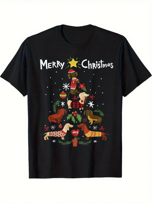 Men's Graphic T-Shirt Merry Christmas Playful Dachshunds Around Christmas Tree Under Stars