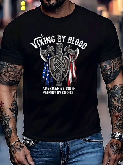 Men's Graphic T-Shirt Viking By Blood Patriotic American Banner With Battle Axes T Shirt