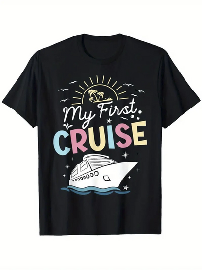 Men's Graphic T-Shirt My First Cruise Pastel Colors Tropical Sun With Palm Trees And Ocean Waves Cruise Ship