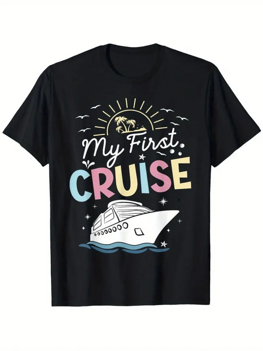 Men's Graphic T-Shirt My First Cruise Pastel Colors Tropical Sun With Palm Trees And Ocean Waves Cruise Ship
