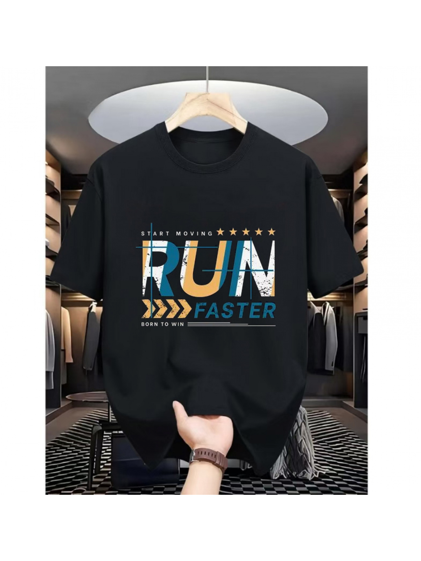 Men's Graphic T-Shirt Run Faster Multicolored Letters And Arrows On Soft Cotton T Shirt
