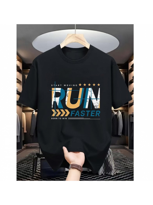 Men's Graphic T-Shirt Run Faster Multicolored Letters And Arrows On Soft Cotton T Shirt