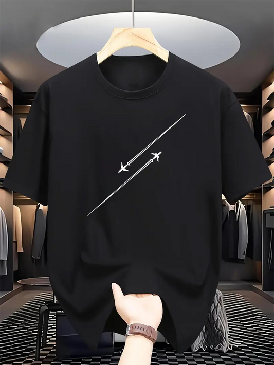 Men's Graphic T-Shirt Minimalist White Lines With Two Contrasting Airplanes On Black Shirt