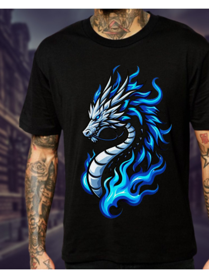 Men's Graphic T-Shirt Vivid Blue Flames Twisting Around Majestic White Dragon