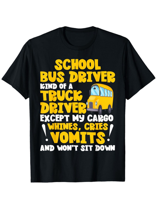 Men's Graphic T-Shirt School Bus Driver With Colorful Cartoon Bus And White Yellow Text